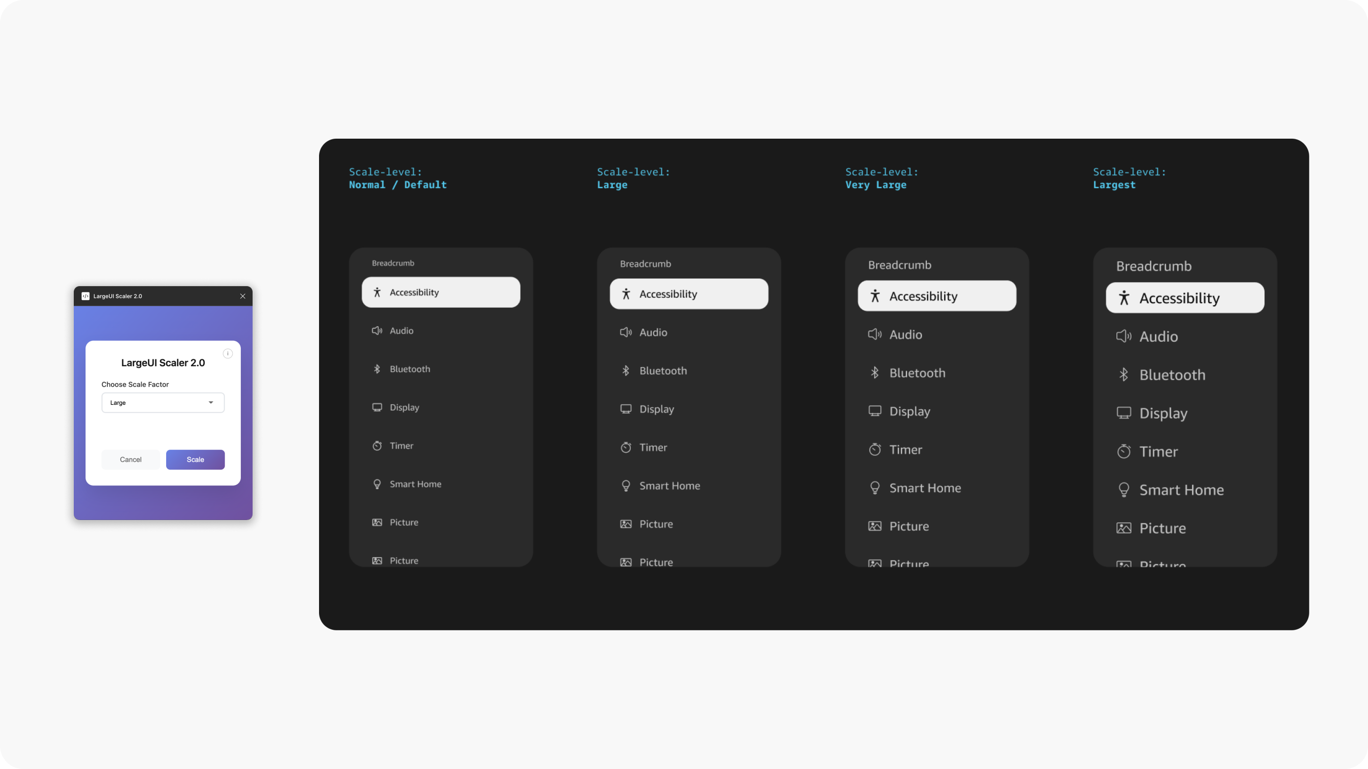 Adaptive UI Scaler — a component scaled across Normal, Large, Very Large, and Largest levels