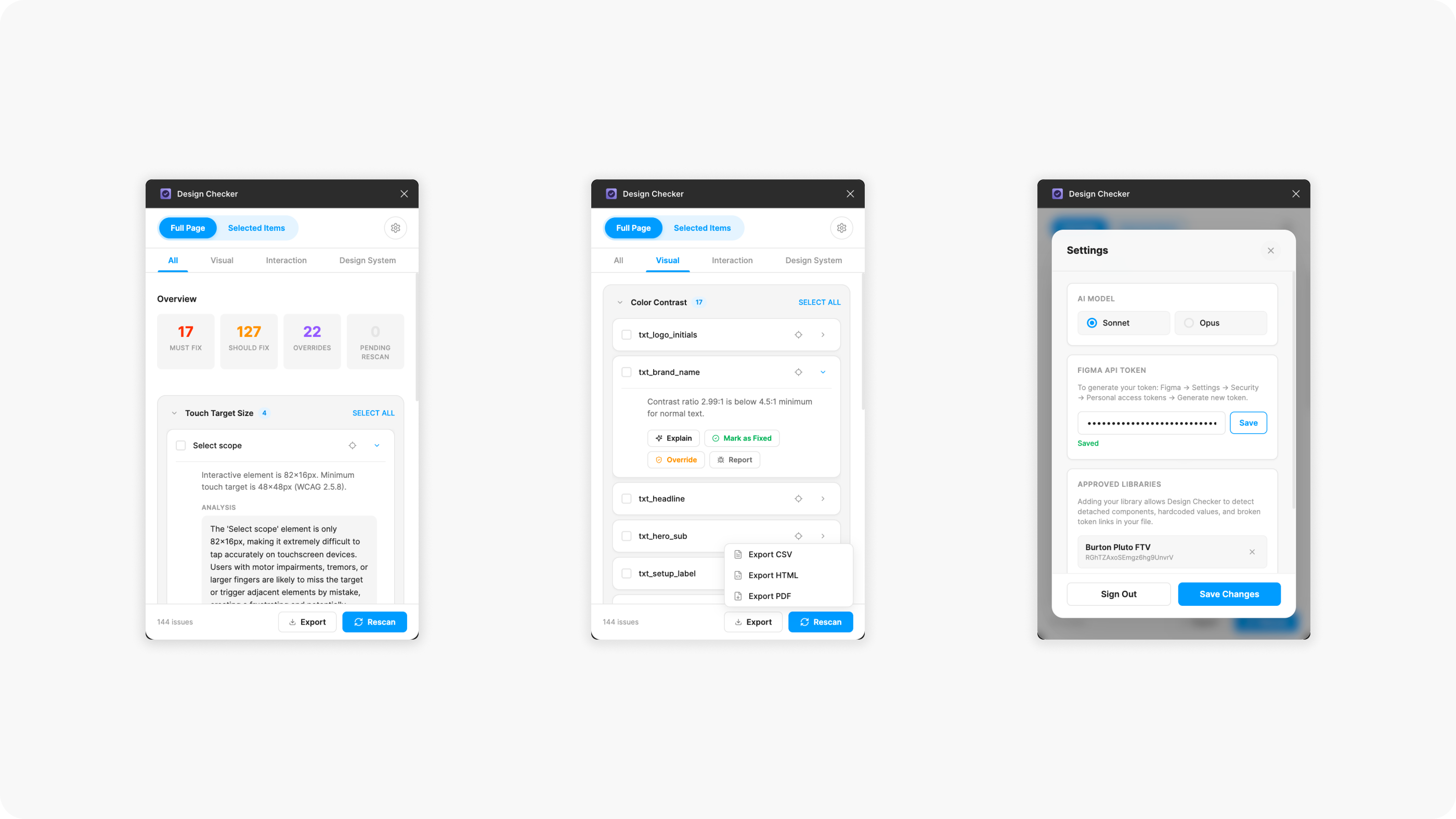 Design Checker — findings overview, a contrast check, and the plugin settings panel